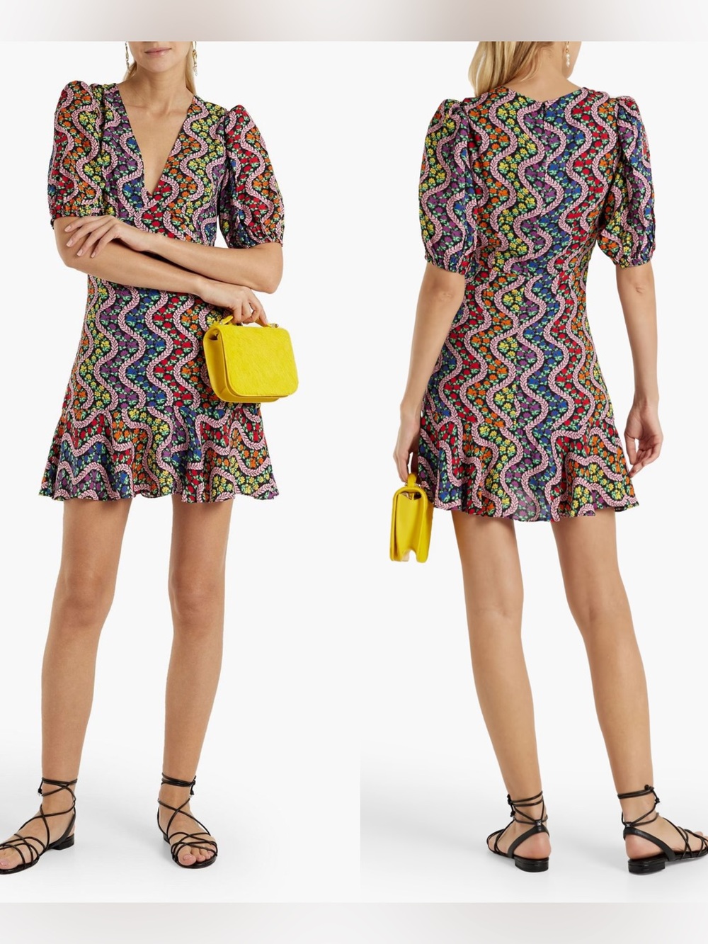 RHODE Ruby Mini Dress Size 4 Love Is A Rainbow Floral Puff Sleeve V Neck